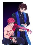  2boys abs blood brown_hair cross cross_necklace emiya_shirou fate/grand_order fate_(series) glowing glowing_hand habit igote jewelry kotomine_kirei limited/zero_over male_focus multiple_boys necklace outstretched_arm rasputin_(fate/grand_order) red_hair sengo_muramasa_(fate) simple_background sujin yellow_eyes 