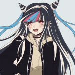  1girl :d alternate_costume backpack bag bangs black_choker black_hair black_jacket blue_hair blush choker collarbone commentary criis-chan danganronpa ear_piercing fake_horns grey_background hood hoodie horns jacket lip_piercing long_hair looking_at_viewer lowres mioda_ibuki multicolored_hair open_mouth piercing pink_eyes pink_hair school_uniform simple_background smile solo super_danganronpa_2 upper_body upper_teeth 