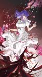  1girl barefoot blood bloody_clothes cherry_blossoms commentary_request corruption dress fate/stay_night fate_(series) full_body hair_ribbon heaven&#039;s_feel matou_sakura purple_hair ribbon skirt_hold smile white_dress yinghuo 