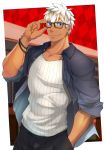  1boy absurdres alternate_costume archer argyle argyle_background bara brown_eyes dark_skin dark_skinned_male fate/grand_order fate/stay_night fate_(series) glasses highres kuro_(shiranui) looking_at_viewer male_focus muscle pants pectorals short_hair smile solo summer_casual_(fate/grand_order) tank_top white_hair 