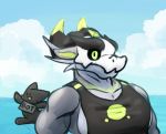  anthro black_and_green black_clothing blackontrack bone clothing dragon green_eyes green_nipples horn kaid(character) logo male mask muscular muscular_anthro muscular_male nipples skull skull_mask solo topwear white_mask 