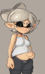 absurdres bare_shoulders belly belly_grab blush breasts earrings grey_background highres hotaru_(splatoon) jewelry justdavefnd looking_down plump pointy_ears shirt silver_hair simple_background splatoon_(series) weight_conscious white_shirt 