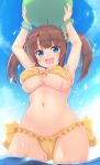  1girl arms_up ass_visible_through_thighs ball bangs beachball belly bikini blue_eyes blue_sky bow bowtie bracelet breasts brown_hair cameltoe cloud fang green_bracelet holding holding_ball jewelry kageira large_breasts long_hair looking_at_viewer md5_mismatch minori_(senran_kagura) navel open_mouth scrunchie senran_kagura side-tie_bikini sky smile standing stomach swimsuit twintails upper_teeth wading water wet wrist_scrunchie yellow_swimsuit 