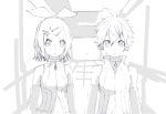  1boy 1girl bangs bass_clef bow choker commentary_request d_futagosaikyou detached_sleeves expressionless greyscale hair_bow hair_ornament hairclip headphones kagamine_len kagamine_len_(append) kagamine_rin kagamine_rin_(append) looking_at_viewer midriff monochrome navel ribbed_shirt shirt short_hair sketch sleeveless sleeveless_shirt spiked_hair standing swept_bangs treble_clef upper_body vocaloid vocaloid_append 