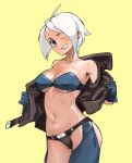  ahoge angel_(kof) breasts cleavage commission eyebrows_visible_through_hair gloves go_d_e hair highres jacket large_breasts mexican navel one_eye_closed revealing_clothes short_hair smile the_king_of_fighters white_hair 