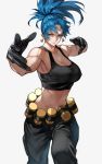  1girl abs bangs bare_arms bare_shoulders belt biceps black_gloves black_pants black_tank_top blue_eyes blue_hair breasts cleavage collarbone crop_top earrings gloves high_ponytail highres jewelry large_breasts leona_heidern long_hair looking_at_viewer midriff muscle muscular_female navel pants ponytail shoulders simple_background sleeveless snk solo tank_top the_king_of_fighters white_background yoshio_(55level) 