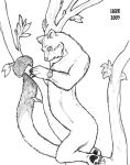  2003 ambiguous_gender clock coati in_tree liger_(artist) looking_down mammal monochrome nude open_mouth pawpads procyonid simple_background surprise transformation tree watch white_background wristwatch 