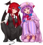  2girls artist_name bangs black_footwear black_legwear black_vest black_wings blue_bow blunt_bangs blush bow breasts collared_shirt demon_wings dress fang hair_bow head_wings high_heels highres koakuma long_hair long_sleeves looking_at_viewer medium_breasts multiple_girls necktie open_mouth pan-ooh pantyhose patchouli_knowledge pink_footwear pointy_ears purple_capelet purple_dress purple_eyes purple_hair red_bow red_eyes red_hair red_neckwear shirt shoes sidelocks simple_background skirt skirt_set slippers striped striped_dress touhou vest white_background white_shirt wing_collar wings 