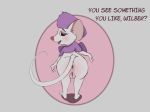  2020 anthro anus bizymouse bottomless butt clothed clothing dialogue disney don_bluth english_text female fur genitals hat headgear headwear looking_at_viewer looking_back mammal miss_bianca_(the_rescuers) mouse murid murine open_mouth presenting presenting_hindquarters purple_clothing purple_hat purple_headwear purple_topwear pussy rear_view rodent solo text the_rescuers_(disney) tongue topwear white_body white_fur 