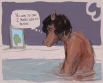  anthro bath bathtub beastars bunsfw english_text equid equine hair horse looking_at_object looking_at_photo male mammal photo simple_background solo speech_bubble text water yafya_(beastars) 