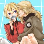  2girls blonde_hair blue_eyes bomber_jacket closed_eyes cup darjeeling_(girls_und_panzer) drinking futo_(hbnn328) girls_und_panzer hand_on_another&#039;s_head hug jacket kay_(girls_und_panzer) long_hair military military_uniform multiple_girls saunders_military_uniform short_hair smile st._gloriana&#039;s_military_uniform teacup thighhighs uniform white_legwear yuri 