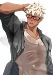  1boy absurdres alternate_costume archer armpits bara blush breath brown_eyes fate/grand_order fate_(series) glasses hand_on_head highres kuro_(shiranui) male_focus muscle pectorals see-through short_hair solo summer_casual_(fate/grand_order) sweat tank_top white_hair 