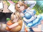  1girl absurdres animal_ears blue_bow blue_dress blue_neckwear bow bowtie breasts brown_eyes brown_hair bunny_ayumi bunny_ayumi_(vtuber) bunny_ears carrot carrot_hair_ornament carrot_pillow cat closed_eyes closed_mouth commentary commission detached_sleeves dreaming dress english_commentary fingernails food_themed_hair_ornament garter_straps grass hair_ornament highres huge_breasts indie_virtual_youtuber light_rays long_sleeves looking_at_viewer lying medium_hair monitor multiple_monitors multiple_views neonbeat on_grass on_stomach orange_shirt pillow pillow_hug shirt short_dress short_sleeves sleeping smile thighhighs white_legwear 