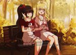  1990s_(style) 2girls ahoge akamatsu_kaede alternate_costume alternate_hairstyle autumn bangs bench black_hair blonde_hair blue_eyes blush bow brown_hair collared_shirt commentary commission criis-chan danganronpa dress earrings feet_out_of_frame food fruit hair_bow harukawa_maki heart heart_earrings holding holding_hands jewelry long_hair multiple_girls nature new_danganronpa_v3 open_mouth outdoors ponytail pout puffy_short_sleeves puffy_sleeves shirt short_dress short_sleeves sitting smile strawberry tree twitter_username white_dress 