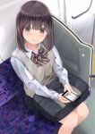  1girl bag blush bow bowtie brown_eyes brown_hair chikuwa_(odennabe) from_above highres holding holding_phone long_sleeves looking_at_viewer medium_hair original phone red_neckwear school_bag school_uniform solo sweater_vest train_interior 