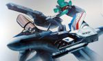  1boy arm_cannon blue_hair canopy damaged dirty energy_cannon gerwalk gradient gradient_background gunpod hayate_immelmann looking_to_the_side machinery macross macross_delta mecha official_art pilot pilot_suit promotional_art realistic scan science_fiction tenjin_hidetaka traditional_media uniform variable_fighter vf-31 weapon zentlardy_alphabet 