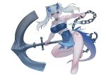  absurdres anchor bare_shoulders blue_eyes blue_horns breasts chain closed_mouth collarbone covered_navel eyebrows_visible_through_hair grey_hair highres holding holding_anchor holding_chain holding_weapon horns long_hair pixiv_fantasia pixiv_fantasia_revenge_of_the_darkness simple_background smile tail twintails virgosdf water weapon white_background 