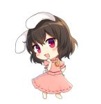  1girl animal_ears bangs black_hair bunny_ears carrot_necklace chibi eyebrows_visible_through_hair floppy_ears full_body hand_on_hip hand_on_own_chin inaba_tewi looking_at_viewer lowres medium_hair open_mouth pink_shirt pink_skirt red_eyes red_ribbon ribbon ribbon-trimmed_skirt ribbon_trim shirt short_sleeves simple_background skirt smile solo touhou white_background yada_(xxxadaman) 