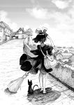 1girl bag broom building cat cloud cluseller commentary_request day dress from_behind full_body gradient_sky greyscale hair_ribbon hand_up heel_up highres holding house jiji_(majo_no_takkyuubin) kiki majo_no_takkyuubin monochrome outdoors outline ribbon road shading_eyes shiny shiny_hair shoes short_hair short_sleeves shoulder_bag sky solo_focus standing traditional_media tree white_outline wide_sleeves 