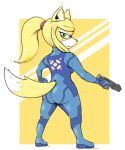  2017 alternate_species anthro blonde_hair bodily_fluids breasts butt canid canine female fox gun hair holding_gun holding_object holding_weapon looking_at_viewer looking_back looking_back_at_viewer mammal metroid nintendo ponytail ranged_weapon samus_aran simple_background solo subakitsu sweat sweatdrop video_games weapon yellow_background yellow_body zero_suit 