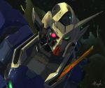  aqua_eyes artist_name atsajh cloak close-up cropped damaged glowing glowing_eyes gundam gundam_00 gundam_exia heterochromia highres looking_down mecha no_humans pink_eyes science_fiction solo space v-fin 