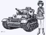  1girl ballpoint_pen_(medium) boots closed_mouth commentary count_(emblem) count_military_uniform girls_und_panzer girls_und_panzer_momi_no_ki_to_tetsu_no_hane_no_majo greyscale ground_vehicle headphones highres holding holding_headphones jacket jacket_on_shoulders kohiyama_noemi long_sleeves looking_at_viewer messy_hair military military_vehicle miniskirt monochrome motor_vehicle nspa_(spa-jcs) panzerkampfwagen_iii short_hair skirt smile solo standing tank throat_microphone traditional_media twitter_username 
