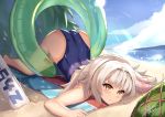  1girl absurdres azur_lane bangs bare_shoulders beach beach_towel blue_swimsuit blunt_bangs closed_mouth competition_swimsuit eyebrows_visible_through_hair food fruit highres innertube light_rays long_hair looking_at_viewer lying mole mole_under_eye on_stomach one-piece_swimsuit sand sidelocks signature silver_hair skai_kun solo sun sunbeam sunlight swimsuit top-down_bottom-up towel very_long_hair water watermelon yellow_eyes z46_(azur_lane) z46_(first_summer)_(azur_lane) 