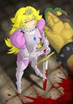  1girl adapted_costume armor blonde_hair blood blood_splatter bloody_clothes blue_eyes blunt-katana bowser breastplate claws crown death defeat from_above gauntlets glowing glowing_eyes gradient gradient_background greaves highres long_hair long_sleeves looking_up mario_(series) medieval monster nintendo out_of_frame plate_armor princess princess_peach puffy_long_sleeves puffy_sleeves smile solo_focus standing super_mario_bros. sword tiara weapon 