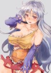  1girl arm_up bare_shoulders blush breasts cleavage collarbone commentary_request covered_nipples detached_sleeves diamond_(shape) dress eyebrows_visible_through_hair fangs frills fundoshi grey_background grey_hair highres japanese_clothes large_breasts long_hair looking_at_viewer multicolored multicolored_clothes multicolored_dress no_bra open_mouth raised_eyebrow red_eyes sakata_nemuno sarashi shiny shiny_skin sideboob simple_background single_strap sitting solo torn_clothes torn_dress touhou underboob underwear very_long_hair yohane 