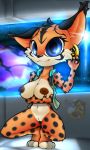  2020 anthro black_markings blue_eyes breasts cjweasle clothed clothing ear_piercing eyelashes felid feline female fur hi_res jacket looking_at_viewer lynx mammal markings miyu_lynx nintendo orange_body orange_fur partially_clothed piercing spots spotted_body spotted_fur star_fox tan_body tan_fur topwear video_games 