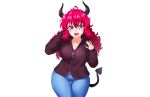  alma_(onsoku_inu) breasts cleavage demon fang horns long_hair onsoku_inu original purple_eyes red_hair tail white 