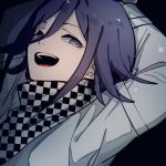  1boy akahito_(akaironotanin) arms_behind_head black_background checkered checkered_scarf commentary_request danganronpa hair_between_eyes highres leaning_back looking_at_viewer male_focus muted_color new_danganronpa_v3 ouma_kokichi purple_eyes purple_hair scarf shirt short_hair sidelocks simple_background solo upper_body white_shirt 