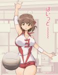  1girl arm_up bangs bowling bowling_alley breasts brown_eyes brown_hair commentary cowboy_shot elbow_pads eyebrows_visible_through_hair girls_und_panzer headband indoors kondou_taeko large_breasts looking_at_viewer medium_hair nakasawa_kei open_mouth red_headband red_shirt red_shorts shirt short_shorts shorts sleeveless sleeveless_shirt solo sportswear standing translated twitter_username volleyball volleyball_uniform 