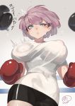 1girl 1other black_hairband blue_eyes boxing boxing_gloves breasts covered_navel covered_nipples gloves gradient gradient_background hairband highres light_purple_hair original punching purple_hair short_hair signature sparkle speed_lines sweat virgosdf 