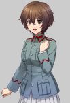  1girl bangs blue_jacket brown_eyes brown_hair commentary_request count_military_uniform cowboy_shot epaulettes eyebrows_visible_through_hair girls_und_panzer girls_und_panzer_momi_no_ki_to_tetsu_no_hane_no_majo hand_on_own_chest jacket kohiyama_noemi long_sleeves looking_at_viewer military military_uniform open_mouth pleated_skirt shinmai_(kyata) short_hair simple_background skirt smile solo standing uniform white_skirt 