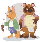  2020 animal_crossing anthro asian_clothing balls belly blush bottomwear brown_body brown_fur bulge canid canine celestial clothing crazy_redd duo east_asian_clothing fox fundoshi fur genitals hi_res japanese_clothing male male/male mammal moobs nintendo nipples raccoon_dog shorts slightly_chubby tanuki tom_nook_(animal_crossing) underwear video_games 