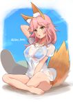  1girl absurdres animal_ear_fluff animal_ears arm_behind_head bikini bikini_under_clothes blue_bikini breasts cleavage collar collarbone commentary_request eyebrows_visible_through_hair fate/grand_order fate_(series) fox_ears fox_girl fox_tail highres large_breasts looking_at_viewer open_mouth pink_hair see-through shirt side-tie_bikini sitting solo swimsuit tail tamamo_(fate)_(all) tamamo_no_mae_(swimsuit_lancer)_(fate) usu_(arisu) wet wet_clothes wet_shirt wet_t-shirt yellow_eyes 