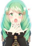  1girl blush eyebrows_visible_through_hair fire_emblem fire_emblem:_three_houses fire_emblem_heroes flayn_(fire_emblem) garreg_mach_monastery_uniform green_eyes green_hair hair_ornament hairclip hands_on_own_face highres long_hair looking_at_viewer open_mouth parupome solo surprised upper_body white_background 
