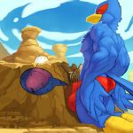  1:1 2020 absurd_res anthro avian bird blue_body blue_feathers bulge clothing factory falco_lombardi feathers genitals hi_res internal macro micro mountain nintendo ozoneserpent penis solo speedo star_fox swimwear togepi1125 tunnel underwear video_games worship 