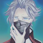  1boy absurdres akudama_drive artist_name blue_background blue_eyes earrings grey_hair hand_up highres jewelry looking_at_viewer male_focus mask master_(akudama_drive) messy_hair portrait shinonny solo stud_earrings upper_body 