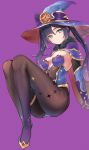  1girl aqua_eyes ass bangs black_hair breasts capelet cleavage closed_mouth commentary elbow_gloves expressionless full_body fur_trim genshin_impact gloves hat highleg highleg_leotard highres leotard loincloth long_hair looking_at_viewer medium_breasts mona_(genshin_impact) pantyhose purple_background simple_background solo terebi_(shimizu1996) thigh_strap tied_hair twintails witch_hat 