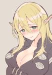  1girl arm_under_breasts blonde_hair blush breasts calm_mashiro cleavage green_eyes hair_between_eyes large_breasts long_hair pointy_ears sekaiju_no_meikyuu sekaiju_no_meikyuu_5 simple_background solo upper_body warlock_(sekaiju) 