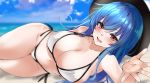  1girl bare_arms bare_shoulders bikini black_headwear blue_eyes blue_sky breasts cleavage collarbone day hat highres hinanawi_tenshi large_breasts long_hair looking_at_viewer lying on_side outdoors red_eyes side-tie_bikini sky smile solo summer swimsuit touhou white_bikini yuhito_(ablbex) 