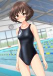  1girl absurdres akiyama_yukari arms_at_sides asics ass_visible_through_thighs bangs black_swimsuit blurry blurry_background blush breasts brown_eyes brown_hair clothes_writing collarbone competition_swimsuit cowboy_shot depth_of_field embarrassed emblem eyebrows_visible_through_hair from_behind girls_und_panzer highres lane_line legs_apart logo looking_at_viewer multiple_views nose_blush one-piece_swimsuit pool poolside shiny shiny_hair short_hair small_breasts standing swept_bangs swimsuit takafumi thighs water wavy_hair 