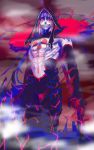  1boy abs beads biceps blue_hair bodypaint claws cu_chulainn_(fate)_(all) cu_chulainn_alter_(fate/grand_order) dark_persona detached_hood earrings elbow_gloves facepaint fate/grand_order fate_(series) fog fur gae_bolg gloves glowing glowing_eyes hair_beads hair_ornament highres holding holding_weapon hood hood_up jewelry long_hair looking_at_viewer male_focus monster_boy muscle ponytail red_eyes sharp_teeth shirtless skin_tight smile solo tail teeth type-moon ukumovi weapon 