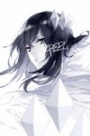  1girl artist_name bangs black_hair cloak crown etihw expressionless grey_eyes haiiro_teien looking_at_viewer psd short_hair signature solo white_cloak 