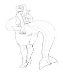  anthro big_breasts big_butt bottomwear breasts butt cetacean clothed clothing female fin footwear hair hand_on_butt hi_res high_heels huge_breasts huge_butt laurel_dog looking_back mammal marine overweight overweight_anthro overweight_female ponytail shoes skirt solo standing suit tail_fin thick_tail thick_thighs yulara 