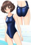  1girl absurdres akiyama_yukari alternate_costume arms_at_sides asics ass ass_visible_through_thighs bangs blue_swimsuit blurry blurry_background blush breasts brown_eyes brown_hair character_name clothes_writing collarbone competition_swimsuit cowboy_shot cropped_legs cropped_torso depth_of_field embarrassed emblem eyebrows_visible_through_hair from_behind girls_und_panzer highres lane_line legs_apart logo looking_at_viewer lower_body multiple_views nose_blush one-piece_swimsuit pool poolside qr_code shiny shiny_hair short_hair small_breasts standing swept_bangs swimsuit takafumi thighs water wavy_hair 