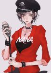  1girl black_choker black_hair black_headwear bracelet breasts choker cleavage cross earrings grey_eyes hat highres holding holding_microphone jacket jewelry lipstick looking_at_viewer makeup mano_aaa microphone microphone_stand nana_(series) osaki_nana red_jacket ring short_hair simple_background sketch small_breasts solo spiked_bracelet spikes standing 