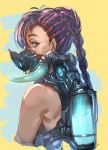  1girl blue_eyes boar_mask bow_(bhp) braid braided_ponytail dark_skin dark_skinned_female ear_piercing earrings from_behind gas_mask jewelry long_hair looking_at_viewer looking_back original oxygen_tank piercing purple_hair sideways_glance solo tusks upper_body 